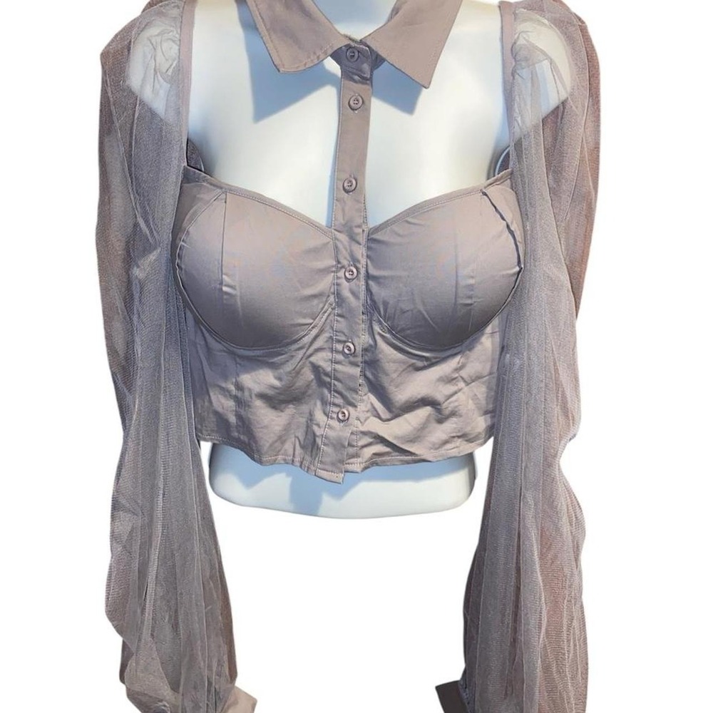 Akira Gray Mesh Blouse Sheer Sleeves
